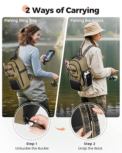 MATEIN Fishing Sling Bag with Phone Pouch, 3600 Tackle Box Backpack | Tackle Bag with Removable Bait Binder, Fishing Bag with Lure Rod Holder, Cooler Compartment, Waterproof, Women Fishing Gifts - color: Khaki & Black