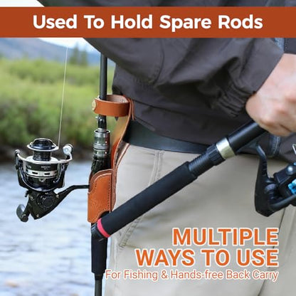 Brown Leather Fishing Rod Holster | Single Slot Belt Mount Carrier for Surf Fishing & Wading | Hands-Free Compatible with Fly Reels and Spinning Reels - color: Light Brown
