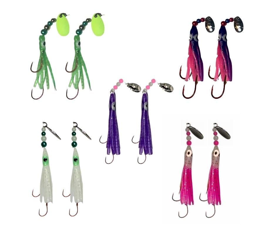 Squid Fishing Hoochies 10 Pack -Glow Fresh Water Kokanee Salmon Trolling Lures with Pre-Rigged Octopus Hooks - Spinner Blades, Synthetic Skirts Kokanee Hoochies for Salmon Fishing - style: Micro Hoochies 10-pack