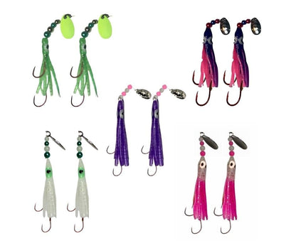 Squid Fishing Hoochies 10 Pack -Glow Fresh Water Kokanee Salmon Trolling Lures with Pre-Rigged Octopus Hooks - Spinner Blades, Synthetic Skirts Kokanee Hoochies for Salmon Fishing - style: Micro Hoochies 10-pack