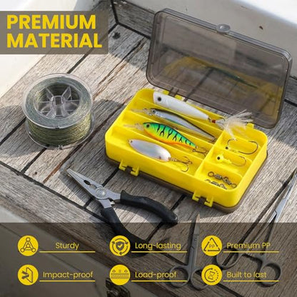 Fishing Tackle Storage Box, Double Sided Waterproof Fishing Lure Tackle Box with 13 Compartments, Yellow and Gray Lid Fishing Lure Organizer for Outdoor Angler