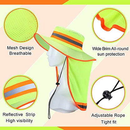 6 Pcs Reflective Safety Hat High Visibility Neck Flap Boonie Hat Wide Brim Work Hats Breathable Bucket Cap for Worker - color: Yellow