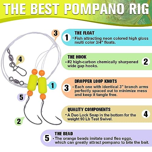 Pompano-Rigs-for-Surf-Fishing-Saltwater-Gear with Double Circle & Wide Gap Hook-6-Pack Surf Fishing Tackle - color: Neon Yellow 6-Pack, size: #2 Wide Gap Hook
