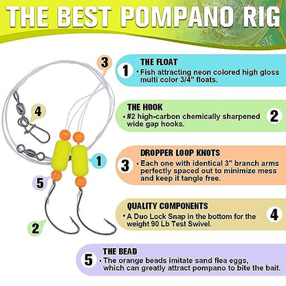 Pompano-Rigs-for-Surf-Fishing-Saltwater-Gear with Double Circle & Wide Gap Hook-6-Pack Surf Fishing Tackle - color: Neon Yellow 6-Pack, size: #2 Wide Gap Hook