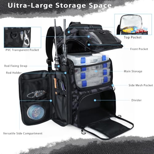 Fishing Backpack with 4 Tackle Boxes, 55L Large Tackle Box Backpack with 4 Rod Holders, Waterproof 900D Tackle Backpacks with Cooler & Clear Gear Windows, Fishing Gifts for Men Women,Camouflage Black - color: Camouflage Black(with 4Boxes)