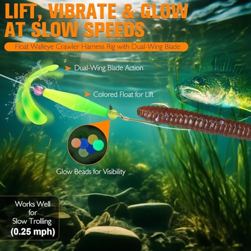 Dovesun Crawler Harness Walleye Rigs with Dual-Wing Blade, Float Walleye Spinner Rig for Slow Trolling (0.25 mph), Fluorocarbon Worm Harness, 2 Hook Walleye Fishing Rigs, 7 Pack - size: Dual #4 Baitholder Hooks