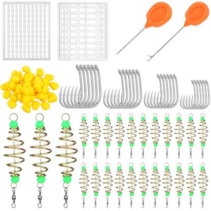 Silipull 103 Pcs Carp Fishing Accessories Bulk with 25 Luminous Fishing Bait Trap Cage Feeder Basket Holder 2 Line Bait Stopper 24 Multi Size Hooks 50 Fake Corn Baits for Trout Catfish Carp