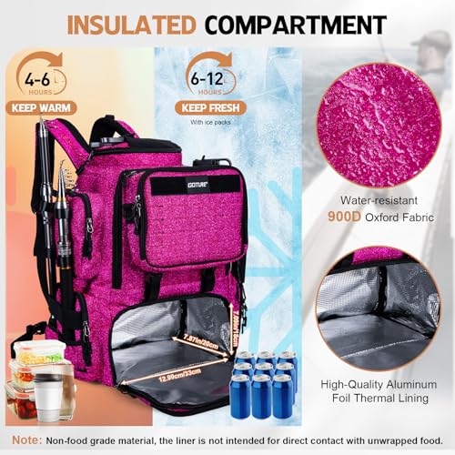 Goture Fishing Backpack with 4 Tackle Boxes,58L 900D Water-Resistant Tackle Backpack with Cooler,Rod Holders,8 Lure Pockets, Detachable Crossbody Bag,Gear Storage Large Fishing Bag for Camping Hiking - color: D1:bling Pink With 4 Tackle Boxes