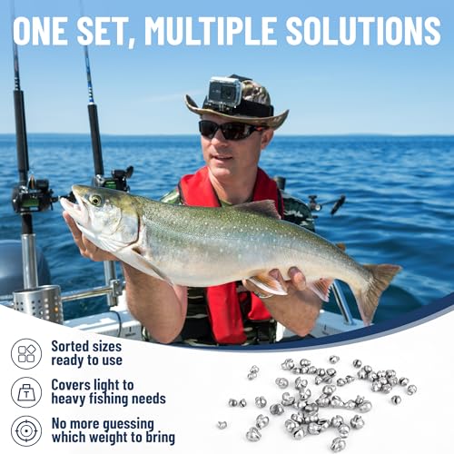 150Pcs/Box Big Size Removable Split Shot Fishing Sinkers Assorted Sizes (0.02oz, 0.04oz, 0.07oz, 0.09oz, 0.11oz, 0.12oz Mixed), Easy Open Mouth Design Fishing Weights