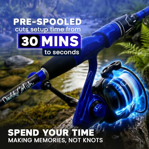 DaddyGoFish Spinning Fishing Rod and Reel Combo Set with Tackle Box | Kids Fishing Pole | Carbon Fiber Telescopic Fishing Rod Kit | Spinning Reel for Travel Saltwater Freshwater Fishing Gear Kit - color: Blue