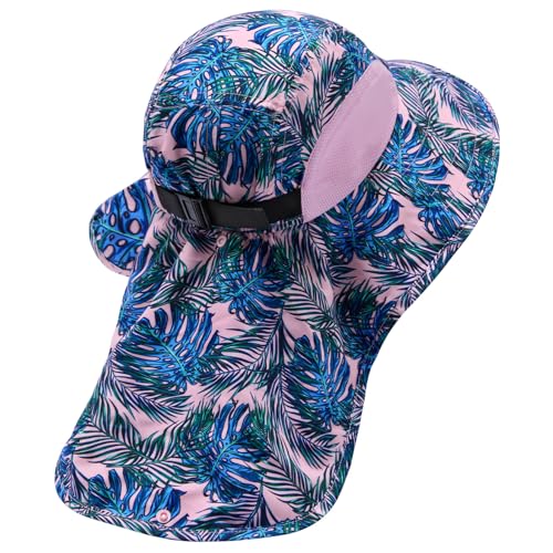 BASSDASH UPF 50+ Unisex Water Resistant Wide Brim Sun Hat with Large Neck Flap Ponytail Fishing Hat for Men Women - color: Palm Leaves/Light Purple