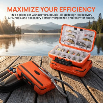 3PCS Water proof Tackle Box – Double-Sided ABS Storage Case for Fishing Lures, Hooks and Terminal Tackle, Portable Organizer Container