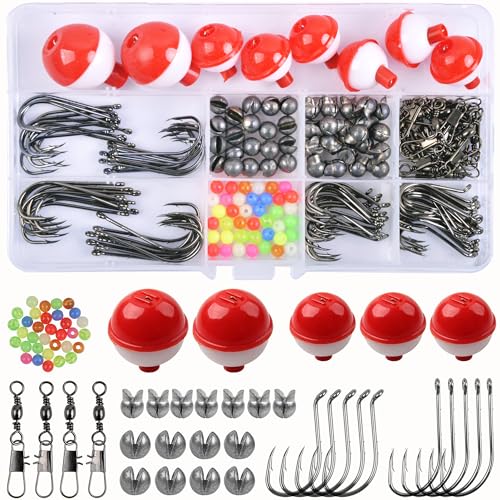 185pcs Fishing Hook Bobbers Tackle Kit,Include Fishing Floats Bobbers,Circle Hooks,Round Split Shot Weights,Octopus Baitholder Hooks Starter Terminal for Trout Catfish Panfish