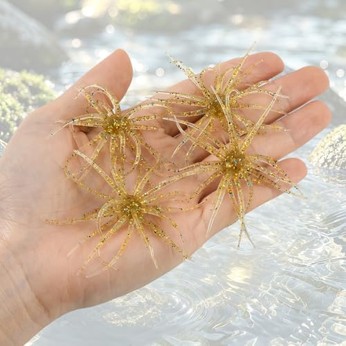 JSCARLIFE Sea Urchin Soft Fishing Lures 4Pcs, 2.75” Floating TPE Swimbait with Flash Sequins, Multi-Tentacle Bass Trout Lure for Freshwater Saltwater - color: Yellow