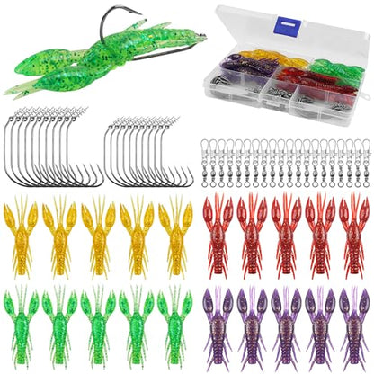 Crawfish Bait Soft Plastic Lures Set for Bass Fishing, 60pcs Silicone Craw Swimbaits with Twistlock Hooks Swivel Snaps Ned Rig Baits Kit for Trout Salmon Freshwater Saltwater