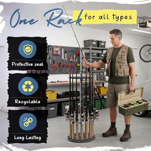 Rush Creek Creations 16-Rod Round Fishing Rod Holder for Garage, 360° Access Fishing Pole Holder for Fishing Rods, Reels, and Gear, Securely Holds 16 Rods, Barnwood - color: Barn Wood