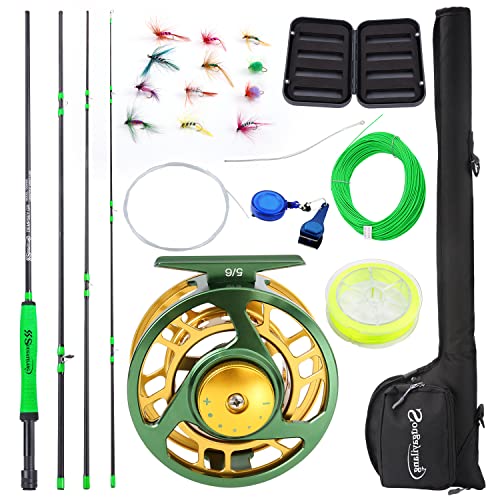 Sougayilang Standard Fly Fishing Combo Starter Kit, 5/6 Weight 9' Fly Rod with SuperPolymer Handle, Accessories, Carrying Case, Fly Box Case & Fishing Flies - color: Green