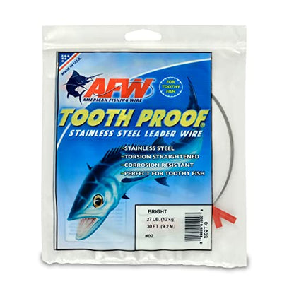 AFW Tooth Proof Stainless Steel Single Strand Hard Leader Wire - Bright and Camo for Shark, Barracuda, King Mackerel, Wahoo, Snook Bite Protection for Toothy Critters, Rigging Baits and Lures - color: Bright, style: #2, 27 Lb Test, 30 Ft