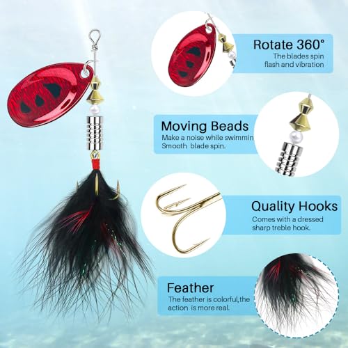 FouceClaus 10pcs Spinner Lures Baits with Tackle Box, Bass Trout Salmon Hard Metal Rooster Tail Fishing Lures Kit