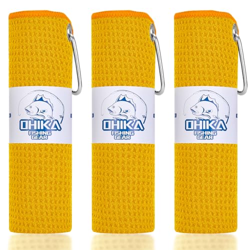Microfiber Fishing Towels with Clip, Waffle Pattern for Effective Cleaning of Fishing Gears or Dirty Hands, 16” x 16”, Camping Towels, Hiking Towels, Pack of 3 (Yellow) - color: Yellow