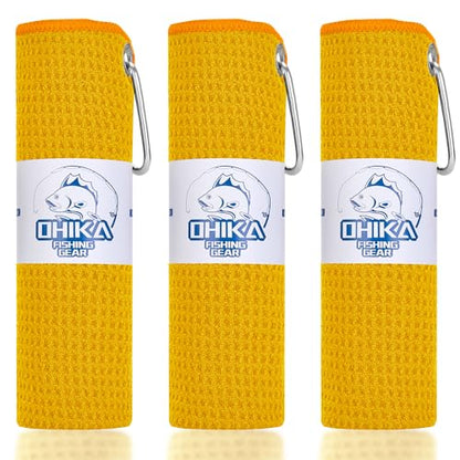 Microfiber Fishing Towels with Clip, Waffle Pattern for Effective Cleaning of Fishing Gears or Dirty Hands, 16” x 16”, Camping Towels, Hiking Towels, Pack of 3 (Yellow) - color: Yellow