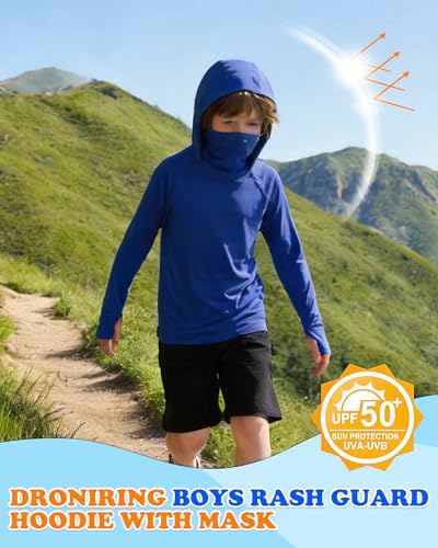Boys Hooded Fishing Shirt with Mask, Kids UPF 50+ Long Sleeve Rash Guard Hoodie, Sun Protection Beach Swim Shirts - color: Blue, size: XX-Large