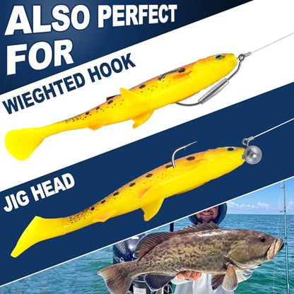 Alwonder 2-Pack Fishing Swimbait Soft Plastic Lures Saltwater, 6.1IN Texas Rig Paddle Tail Swim Baits Freshwater, Sinking Paddle Tail Soft Lure Bait for Pike Musky Bass Tarpon Halibut Mackerel Grouper - color: Bule and White
