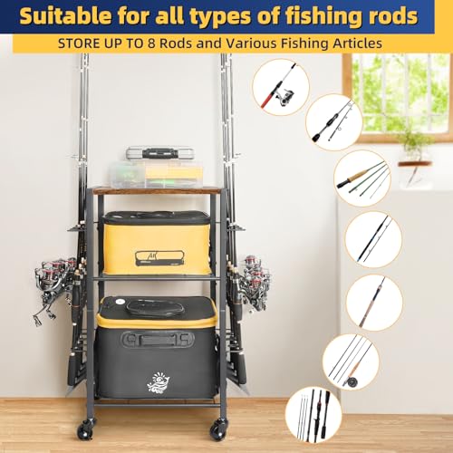 Olakee Fishing Rod Holders, Rolling Fishing Rod Rack for Garage & Boat, Tackle Box & Reel Holder Cart, Easy Assembly Fishing Gear Management System, Ideal Birthday Gift for Men Dad Anglers - color: 8 Rods,Carbonized Black
