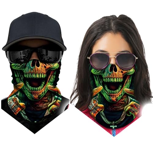 Obacle Neck Gaiter Face Mask Bandana for Dust Wind Sun Protection for Men Women - color: Skull Green Face Open Mouth