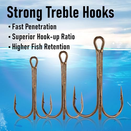Dr.Fish 30 Pack Round Bend Treble Hooks #16-#8/0, Triple Fishing Hooks Saltwater&Freshwater, Replacement Hardbait Crankbait Spinner Catfish Walleye Trout Salmon Bass Fishing - color: Bronze, size: #3/0-30 Pack