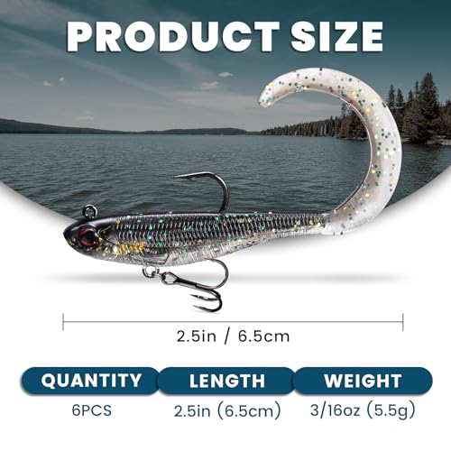 Pre-Rigged Soft Fishing Lures, Easy Catch Swimbaits for Bass Trout | Paddle & Curly Tail, Swim Baits for More Bites, Freshwater & Saltwater Fishing Bait, Crappie Walleye Pike Lures, Value Pack - color: B-2.5"-0.19oz