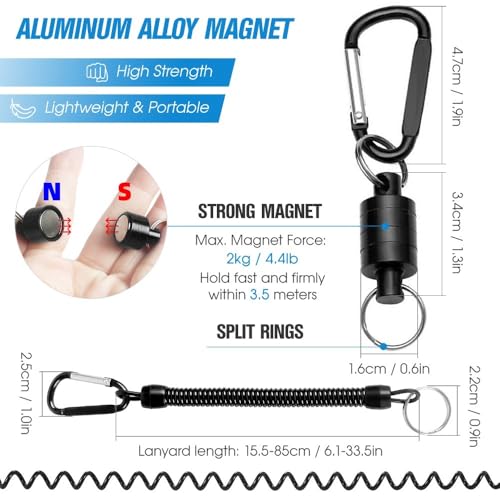 Retractor Keychain with Retractable Coiled Lanyard – 2kg/4.4lb Pull Force Fly Fishing Net Holder, Secure Attachment & Quick Access for Wading(Black)