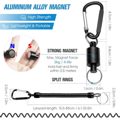 Retractor Keychain with Retractable Coiled Lanyard – 2kg/4.4lb Pull Force Fly Fishing Net Holder, Secure Attachment & Quick Access for Wading(Black)