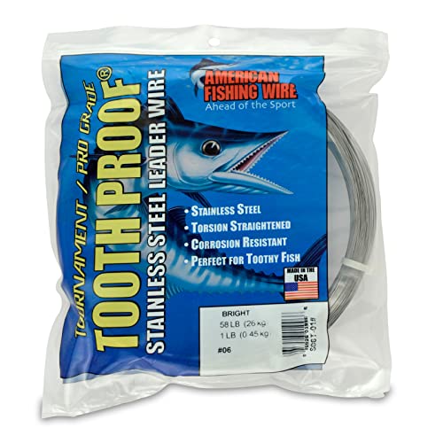 AFW Tooth Proof Stainless Steel Single Strand Hard Leader Wire - Bright and Camo for Shark, Barracuda, King Mackerel, Wahoo, Snook Bite Protection for Toothy Critters, Rigging Baits and Lures - color: Bright, style: #6, 58 Lb Test, 1 Lb
