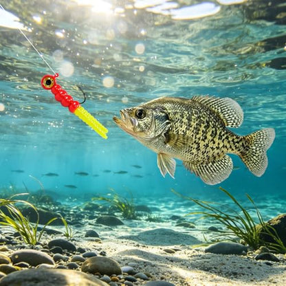 100PCS Crappie Lures Kit, Split Tail Soft Plastic Baits & 3 Sizes Jig Heads 1/32oz 1/16oz 1/8oz, Panfish Bluegill Shad Minnow Fishing Jig Lures Complete Tackle Box Set - size: 20pcs 1/8oz Jig Heads + 80pcs Soft Lures Combo
