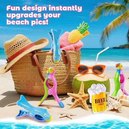 8 Pack Towel Clips for Beach Chairs, Durable and Jumbo Size Parrot Towel Clips, Portable Cute Creative Beach Towel Clip for Beach Chairs Cruise Patio Pool or Daily Use - style: Pineapple+Beer+Parrot+Fish