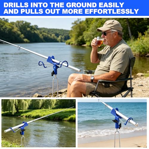 Blue Aluminum Bank Fishing Rod Holder &360° Adjustable for Ground - 2 Pack