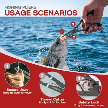 Fishing Pliers 8.4” Long Nose Multi-Function Fishing Tool – Stainless Steel Hook Remover, Line Cutter & Split Ring Opener with Safety Lanyard for Freshwater & Saltwater Fishing