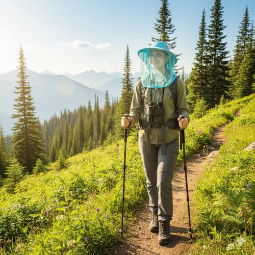 Mosquito Fishing Safari Mesh Net Hat with Neck Flap, Sun Protection Women Men Bug Cap, Hidden Netting Boonie - color: Light Blue