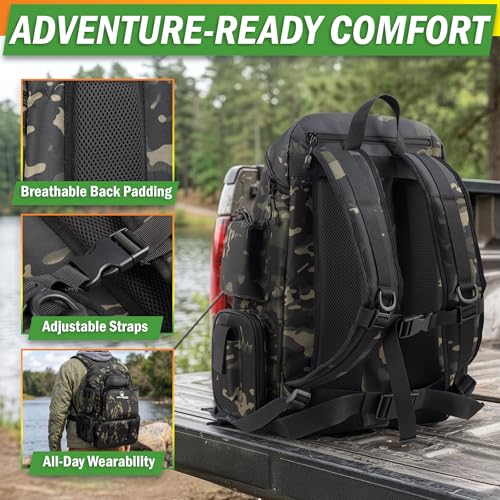 Fishing Backpack with Tackle Boxes, Rod Holders, 7 Zippered Storage Pockets and Water-Resistant Cover - Tactical Backpack Tackle Bag for Fishing Gear and Equipment by Wakeman Outdoors (Camo Black)