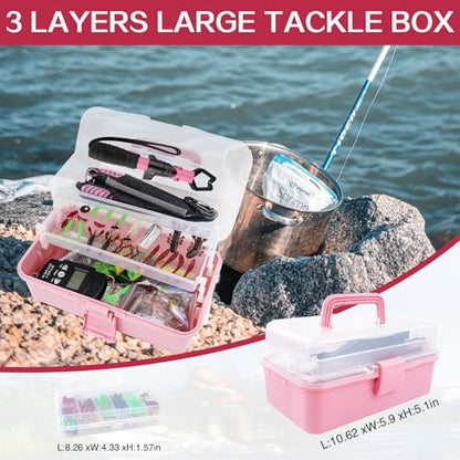 3-Layer Pink Fishing Tackle Box with Tackle Included, Fishing Tools Kit Includes Pliers Fish Lip Gripper Scale Crankbait Spinnerbaits Soft Baits Hooks, Ideal Gift for Angler Saltwater Freshwater - color: Pink
