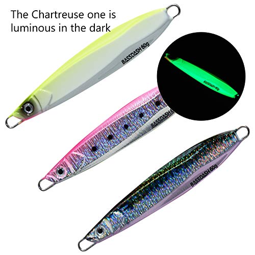 BASSDASH STIX Casting Jig Lure Vertical Slow Jigging Lures Mustad Hooks 0.7oz 1.1oz 1.4oz 2.1oz 2.8oz 3.9oz Mustad Hooks for Saltwater Freshwater Kayak Boat Shore Fishing, 3-Pack - size: 60 grams (2.1 oz)
