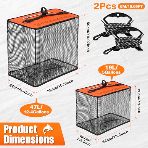 Loyala Floating Fishing Basket, 5Gallons/13 Gallons 2 Pcs Collapsible Fishing Net Cage with 20Ft Anti Slip Rope for Caughting Fish Beach Fishing Stream Fishing Rock Fishing Fly Fishing - color: Orange