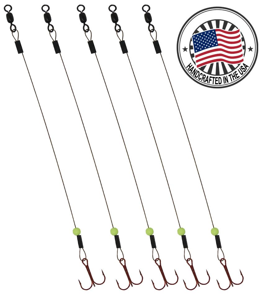 Tooth Shield Tackle Ice Fishing Tip Up Leader/Rig (90 lb) / Ice Fishing Sucker Walleye Pike Musky Predator Rig (5 Pack) [Camo Wire/Chartreuse Bead] Made in The USA - size: Hook Size: 4