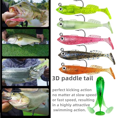 15Pcs Pre-Rigged Jig Head Soft Mini Fishing Lures，2.5"/0.25oz Paddle Tail Swimbaits/3D Eyes,Ice Fishing Jigs Lures Kit,Fishing Bait for Bass,Pike, Bluegill and Sunfish Freshwater Saltwater