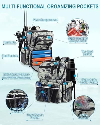HXLGMD Fishing Backpack with Rod Holders, 43L Large Water Resistant Tackle Bag Storage Gear and Equipment with Cooler for Men Fishing, Camping, Hiking, Grey - color: Grey Camo
