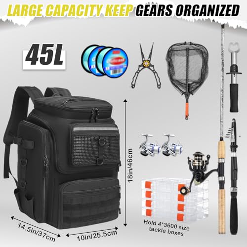HAMBOLY Fishing Backpack 45L with Rod Holders, Water-Resistant Tackle Backpack for Fishermen, Large Capacity Fishing Gear Bag for Travel Hiking Camping - color: Black (4 Tackle Boxes Included)