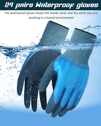 Mimorou 24 Pairs Waterproof Work Gloves Bulk for Men and Women Double Rubber Coated Non-slip Working Gloves for Gardening Outdoor Construction, Blue and Grey, XL