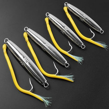 Diamond Jig Saltwater Fishing Lures Casting Jigging Spoon with Tube Tail Stainless Steel Hooks Trolling Lures Striped Bass Metal Jig for Deep Sea Surf Fishing Bottom Dragging Sinking - color: Yellow, size: 8 oz