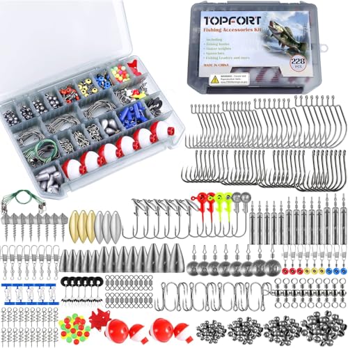 TOPFORT 187/343pcs Fishing Accessories Kit, Organized Fishing Tackle Box with Tackle Included, Fishing Hooks, Fishing Weights Sinkers, Fishing Gear and Equipment, Fishing Gift for Men - color: 228pcs Fishing Accessories kit